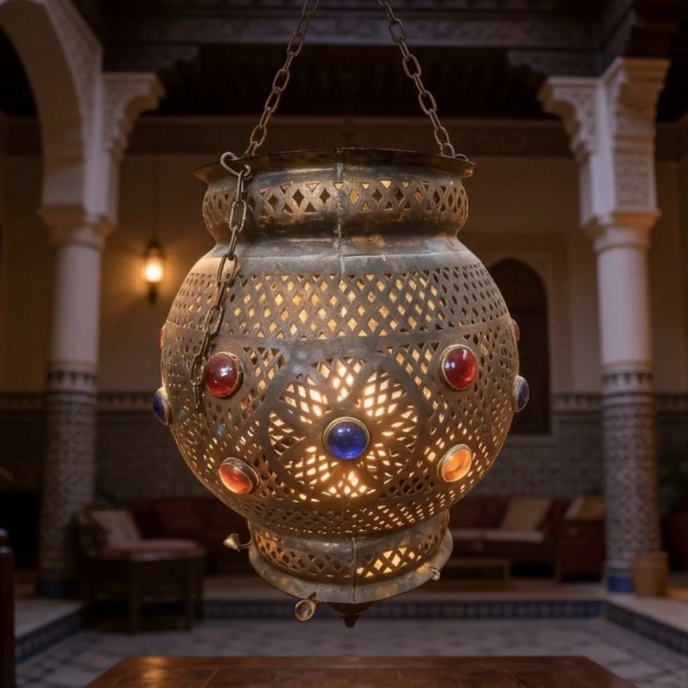 Vintage moroccan Metal Lantern with Red, Blue, and Orange Accents
